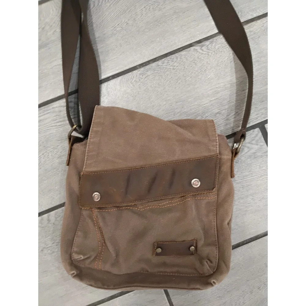 Augur Mens Canvas Messenger Bag Brown Leather Trim Crossbody Shoulder Bag